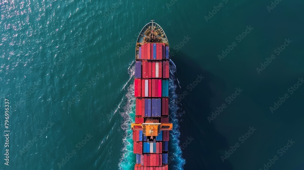 Aerial drone view of a container ship in the open sea, illustrating the scale and operation of global logistics and cargo shipping