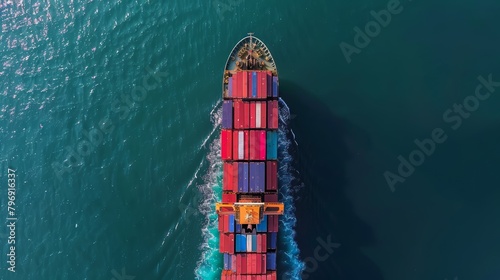 Aerial drone view of a container ship in the open sea, illustrating the scale and operation of global logistics and cargo shipping © JP STUDIO LAB
