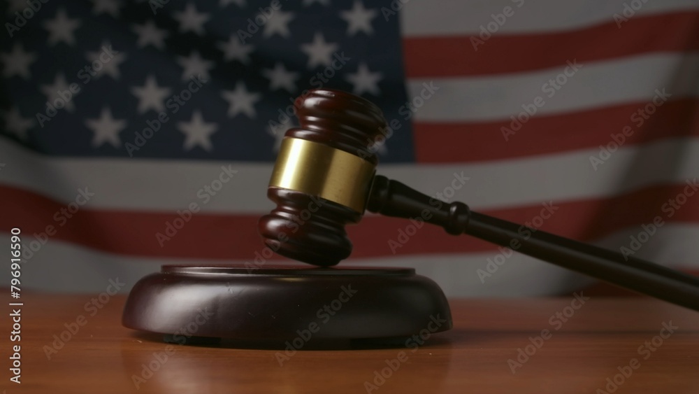 Judge's gavel on the background of the flag of the United States of America