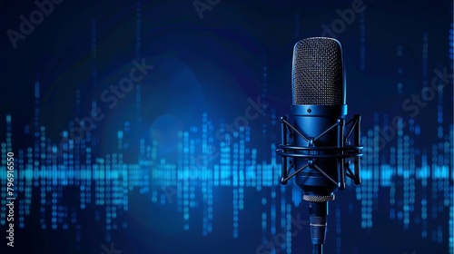 A professional microphone with a waveform pattern displayed on a blue background banner, suitable for a podcast or recording studio setting.