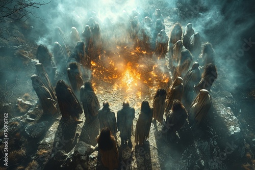 A cinematic image of cloaked figures surrounding a bonfire in a dark forest evoking a feeling of ritual or cult gathering photo