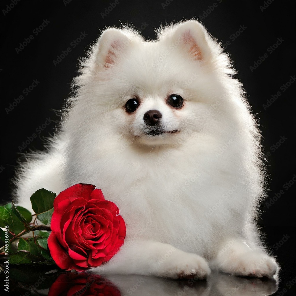 white Pomeranian, 6 months old, lying in front of black background and with a rose