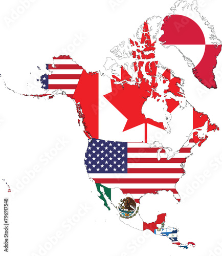 Map of North and Central America countries with national flags