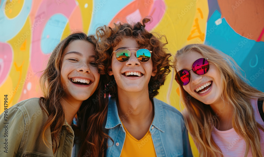 Happy laughing teenagers against a background of a bright wall