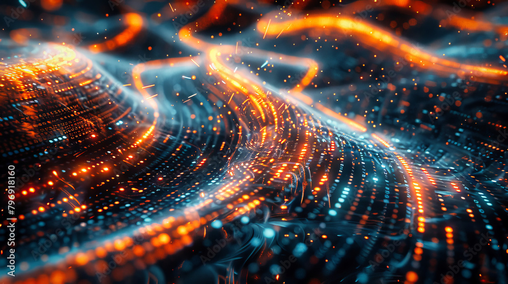 Glowing data binary code background with digital particles and orange lights Glowing data binary code background with digital particles and orange lights