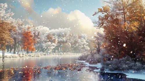 Seasonal backgrounds such as snow-covered landscapes or autumnal scenes 