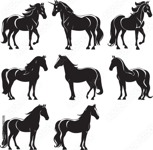 set of Horse Black silhouette on white background 