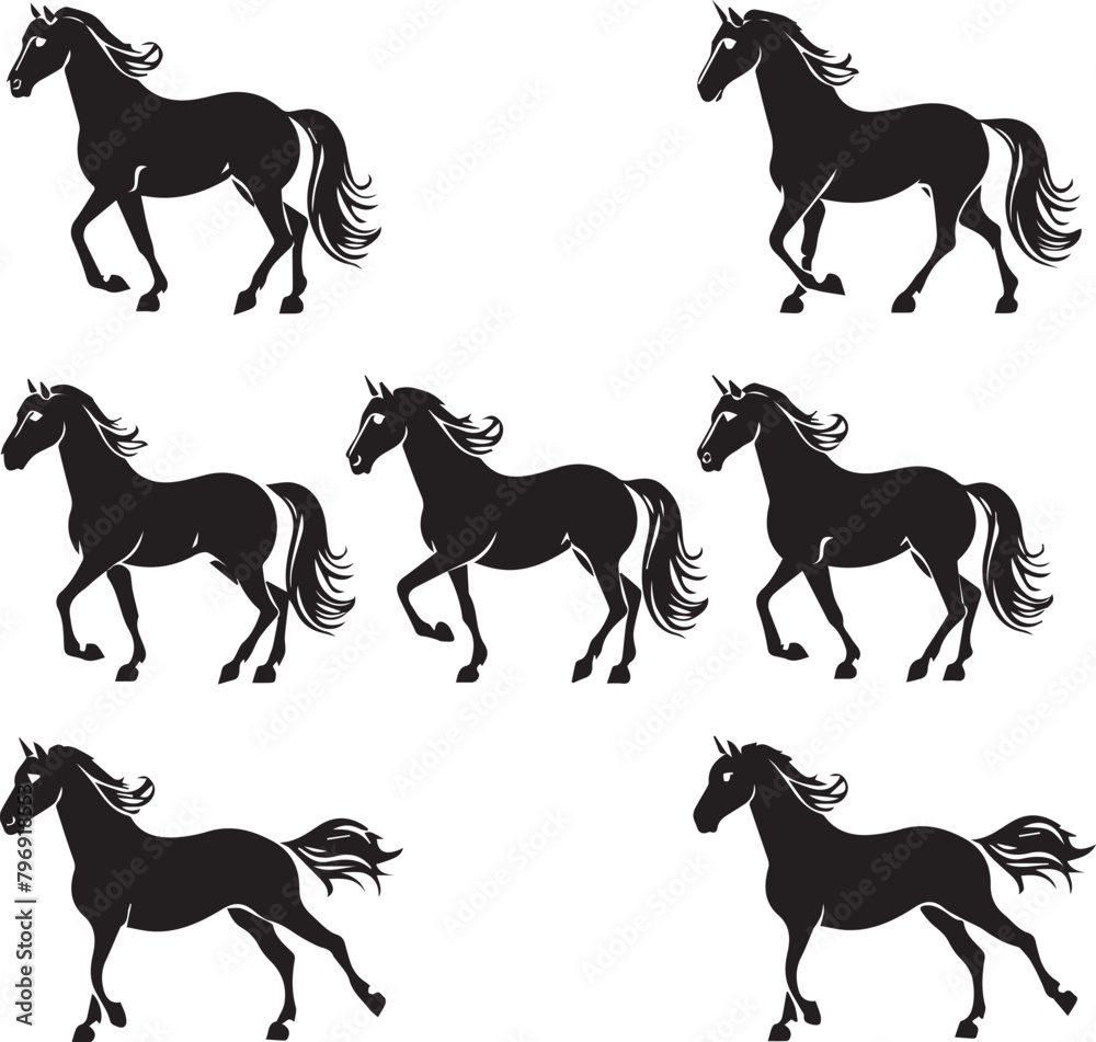 set of Horse Black silhouette on white background set of Horse Black silhouette on white background