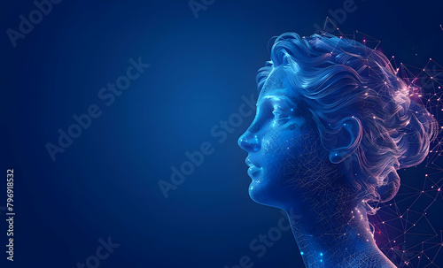 Abstract Polygonal Wireframe Portrait of a Female Antique Head. Futuristic Mockup. Background for Future Technologies. Antique Woman Sculpture as a Hologram.
