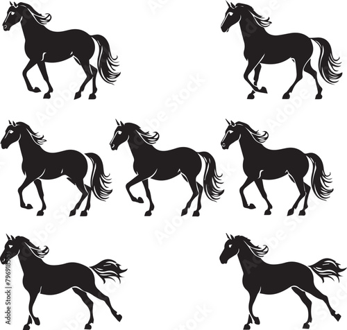 set of Horse Black silhouette on white background 