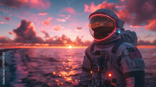 Astronaut contemplating sunset by the ocean