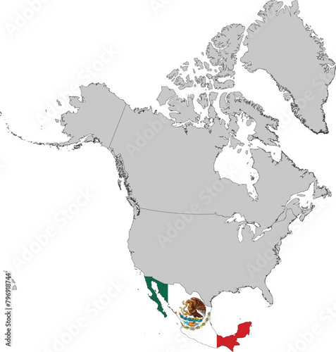 Map of Mexico with national flag inside gray map of North America