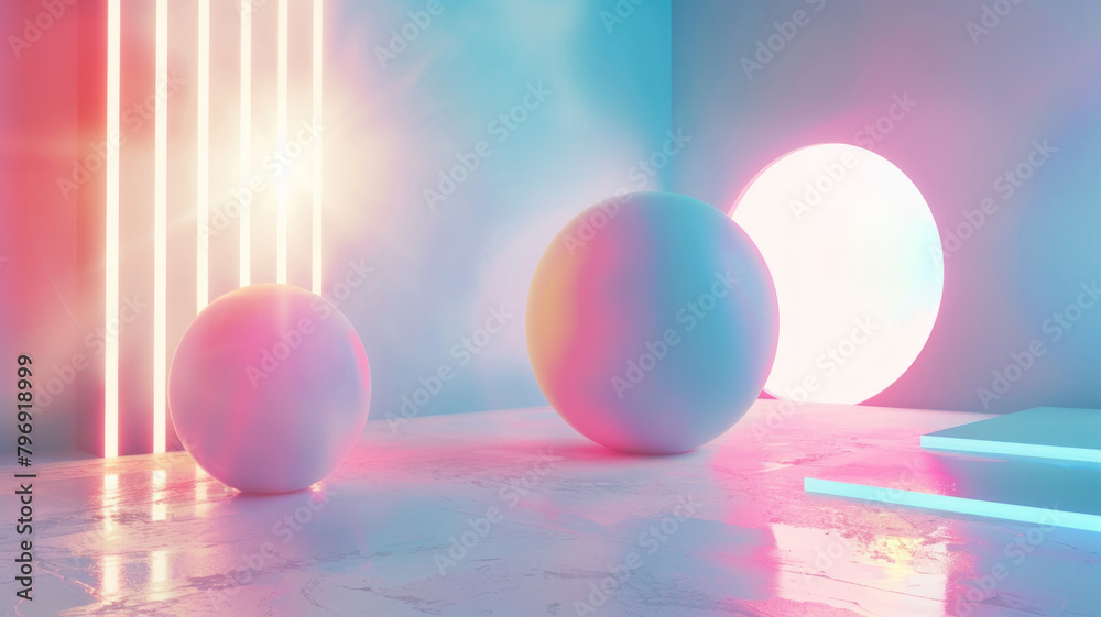 3D render of an abstract background with geometric shapes and neon lights. White sphere in the foreground 3D render of an abstract background with geometric shapes and neon lights. White sphere in the foreground