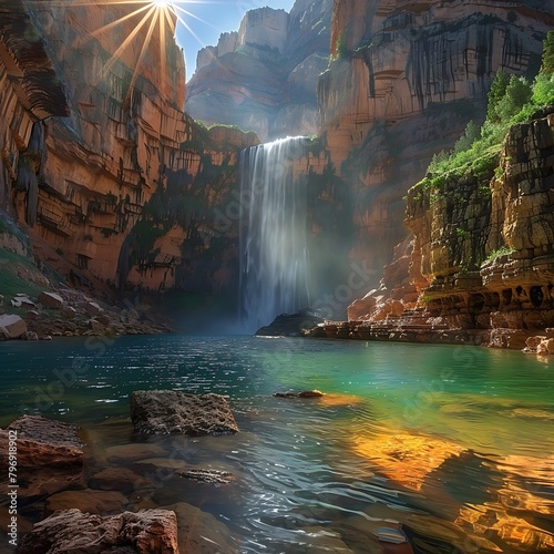 Witness the majesty of a cascading waterfall, its mist dancing in the sunlight as it plunges into a crystal-clear pool below. Nature's symphony echoes through the canyon, cap photo