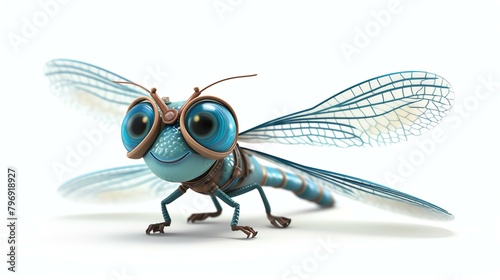 A cute and friendly dragonfly character. He is wearing a pair of goggles and has a big smile on his face.