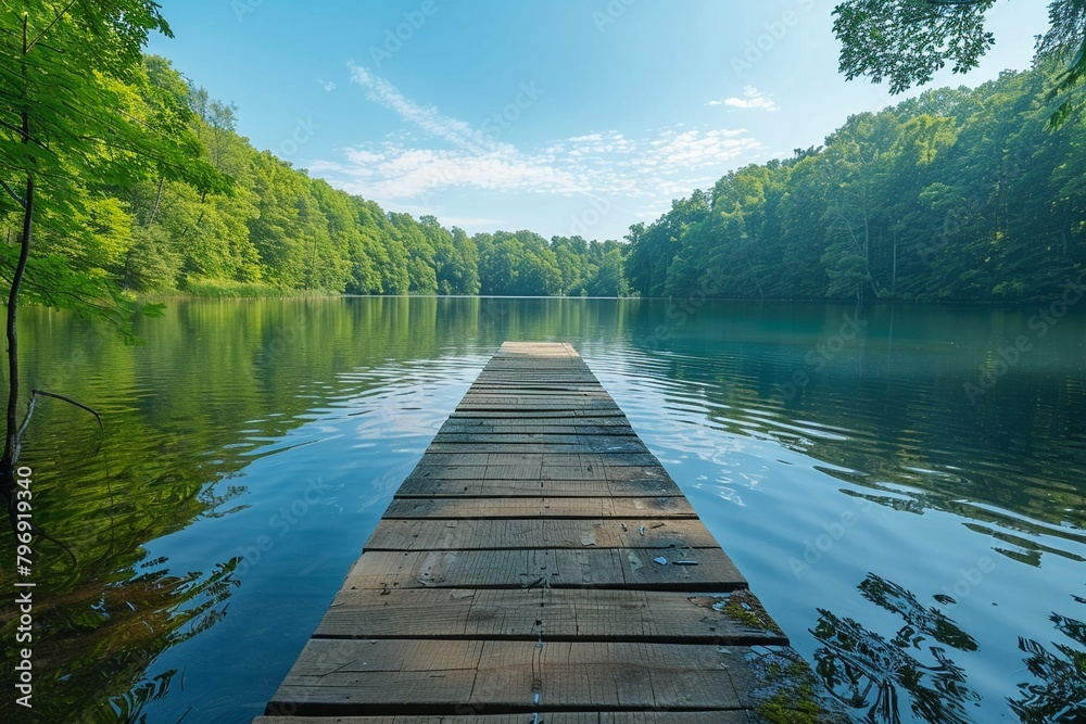 A calming waterfront view, inviting one to relax on a wooden dock leading to a serene lake surrounded by lush green forests copy space for text A calming waterfront view, inviting one to relax on a wooden dock leading to a serene lake surrounded by lush green forests copy space for text