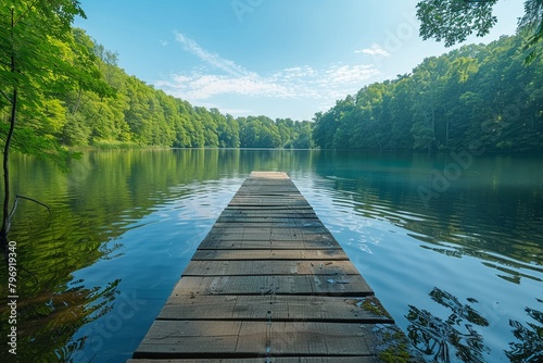 A calming waterfront view, inviting one to relax on a wooden dock leading to a serene lake surrounded by lush green forests copy space for text