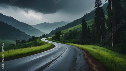 mountain road in the mountains  Curved dirt road in the countryside and green fields in the rainy and stormy season