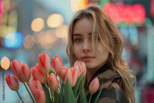 Beautiful woman with tulips bouquet on the city street background