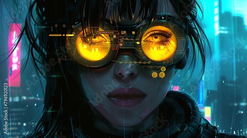 A young woman wearing a pair of high-tech goggles stands in the rain. The goggles are reflecting the city lights, and her eyes are glowing yellow.
