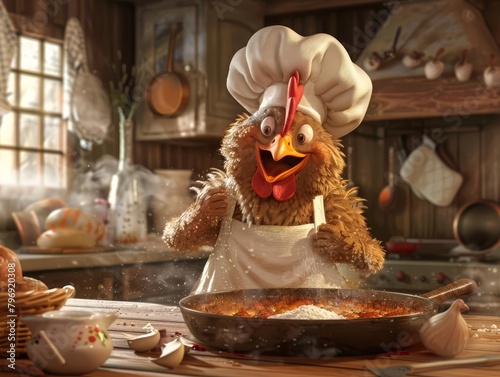 A chicken, wearing a chefs hat and apron, whips up a storm in the kitchen, creating a feast that has the whole farm clucking with anticipation in cartoon concept