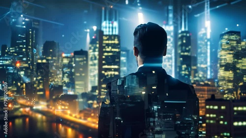 Back view of young businessman against night cityscape working with virtual panel, Businessman leveraging AI technology against a blurry urban area background photo