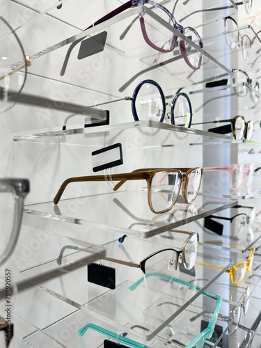 display full of glasses of all kinds and models in the opticians' shop