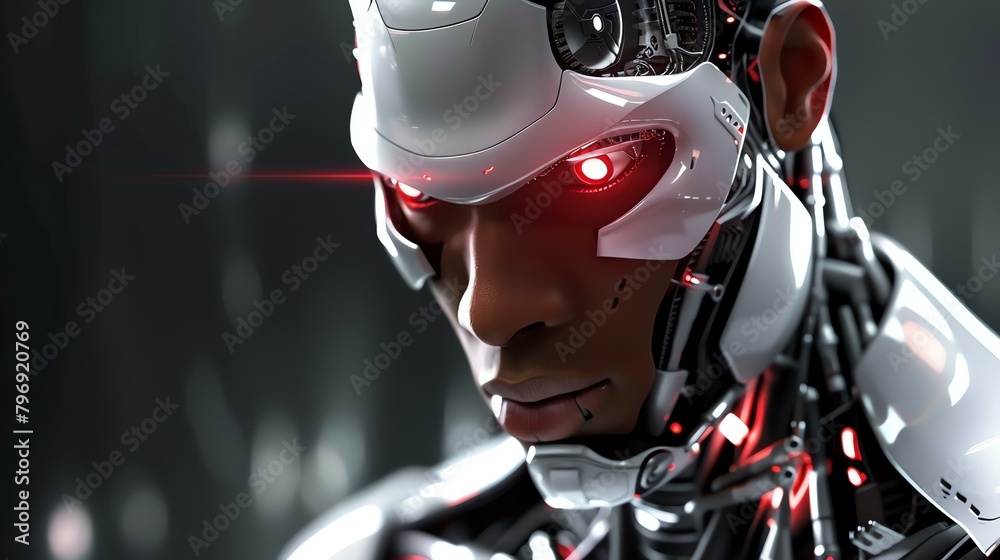 A close-up of a cyborg's face. The cyborg has red glowing eyes and a white metallic face.