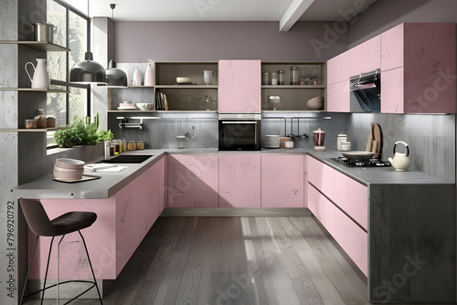 Contemporary modern kitchen interior in shady rose pink colors and concrete details.