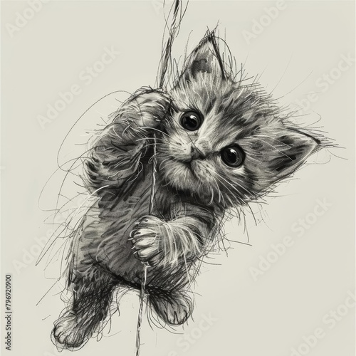 A kitten pounces on a softly dangling string, immortalized in a charming doodle art draw concept