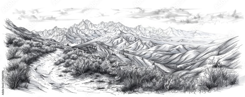 A mountain trail offers breathtaking views, each twist and turn captured in a detailed ink drawing draw concept