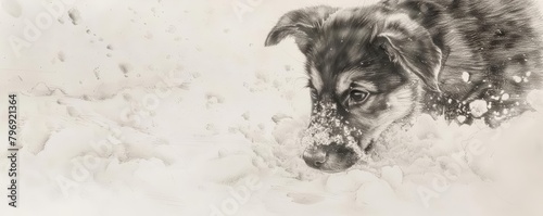 A puppys first encounter with snow is lovingly rendered in a gentle pencil drawing art concept photo