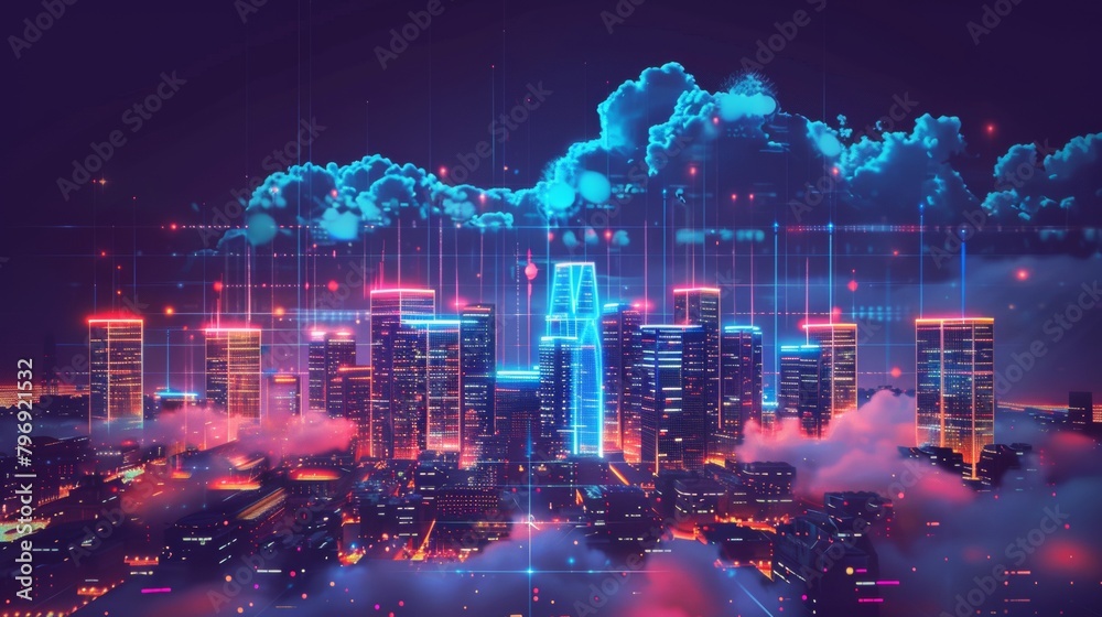 Digital illustration of a vibrant cityscape with edge computing symbols, highlighting the technology's potential Digital illustration of a vibrant cityscape with edge computing symbols, highlighting the technology's potential