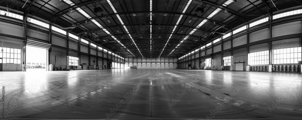 Spacious modern warehouse interior in monochrome