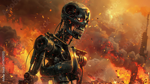 A robot with a human-like skull stands amidst flames and fellow machines, a tableau of a dystopian world on the brink. The fiery background conveys chaos and destruction © Sergei