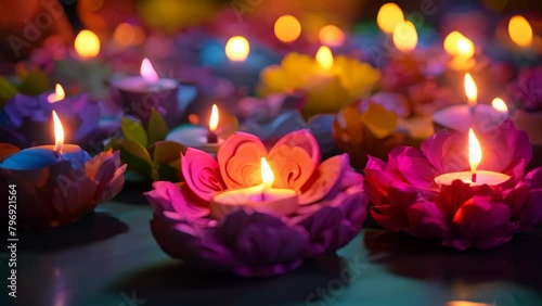 Beautiful diwali diya lamps lit on colorful rangoli, Colorful clay diya lamps with flowers on purple background photo