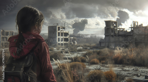 A small girl looks towards a post apocolypitic scene of huge dusty concrete derilict buildings left before the war, mushroom clouds are visible behind this scene, natural lighting, desolate photo