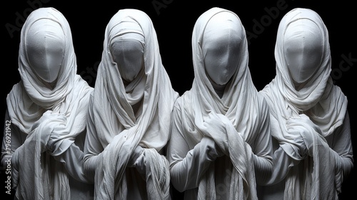 A group of statues are wrapped in white cloths and praying, AI photo