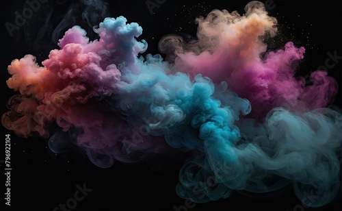 A Colorful smoke fog clouds with shiny dust sparkles of glitter on a black background