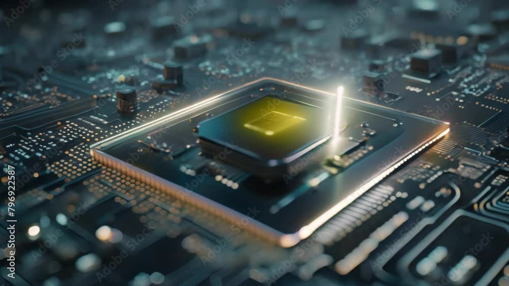 Circuit board with microchips close up. 3d rendering, Futuristic circuit board and microchip with a glowing data transfer board