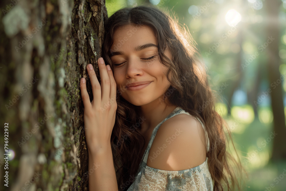 A woman in a boho dress hugging a tree, her eyes closed and a smile on her face. A beautiful natural background with sunlight through the trees. A concept of love for nature A woman in a boho dress hugging a tree, her eyes closed and a smile on her face. A beautiful natural background with sunlight through the trees. A concept of love for nature