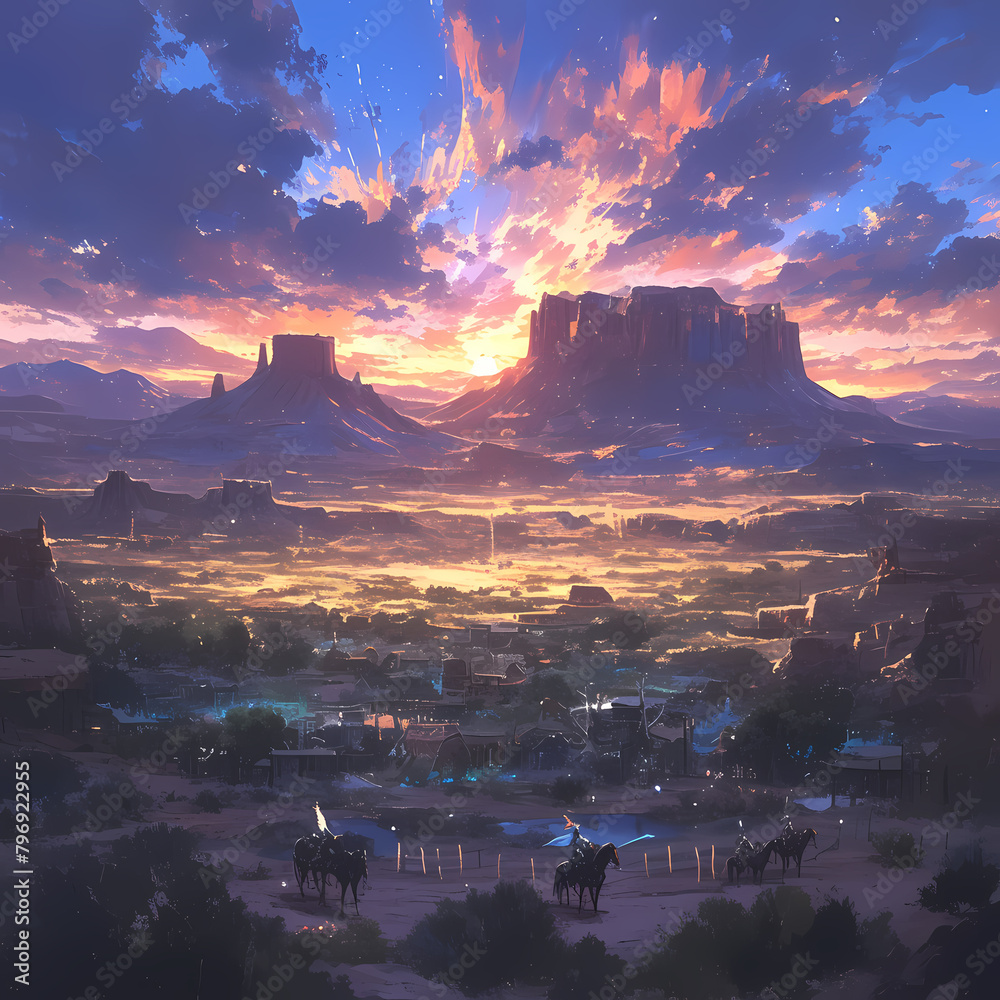 Vibrant Arizona Desert Landscape with Sunset and Monuments