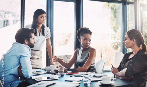 Meeting, business people and discussion in conference room for collaboration, review and planning project. Professional, diversity and employees for speaking, ideas or teamwork at consulting agency photo