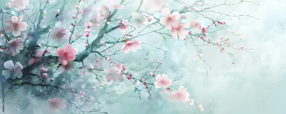 Delicate cherry blossoms flutter gently in the spring breeze, kawaii water color