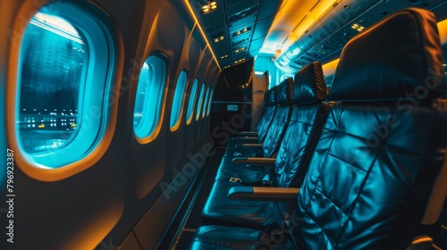 Airport terminal's modern aircraft cabin interior with cozy seats and windows illuminated at night. © Elchin Abilov