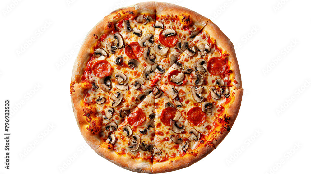 Rustic Italian Pizza with Fresh Mushrooms, Tomato Sauce, and Melted Cheese on Transparent Background - Delicious Homemade Cuisine for Culinary Creations. Rustic Italian Pizza with Fresh Mushrooms, Tomato Sauce, and Melted Cheese on Transparent Background - Delicious Homemade Cuisine for Culinary Creations.