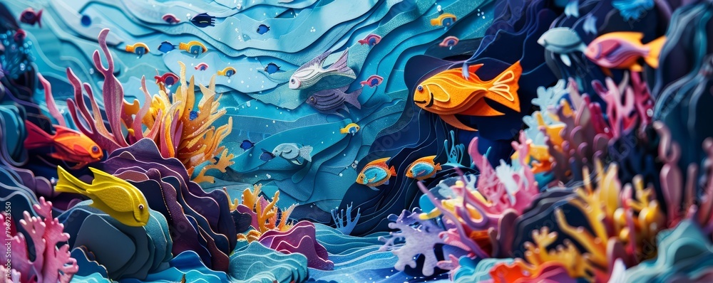 Fish glide smoothly in an aquarium, their movements detailed in an intricate paper cut art concept