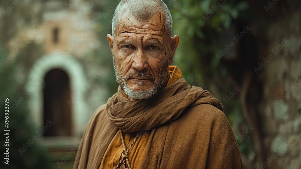 Naklejka premium Elderly monk in contemplative mood