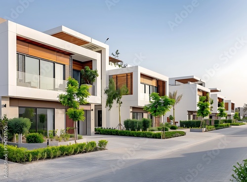 Modern contemporary townhouses in Dubai at sunset with white walls and wooden accents © Noor