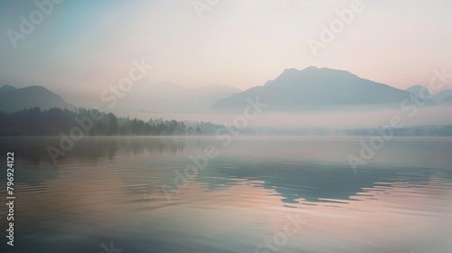 Panoramic lake view with lush forest at twilight